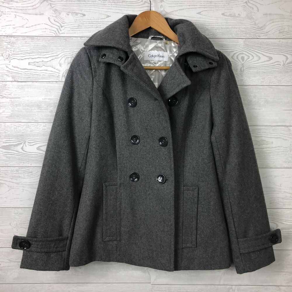 Calvin Klein Women's Size 4 Double Breasted Pea Coat Wool Blend Removable Hood